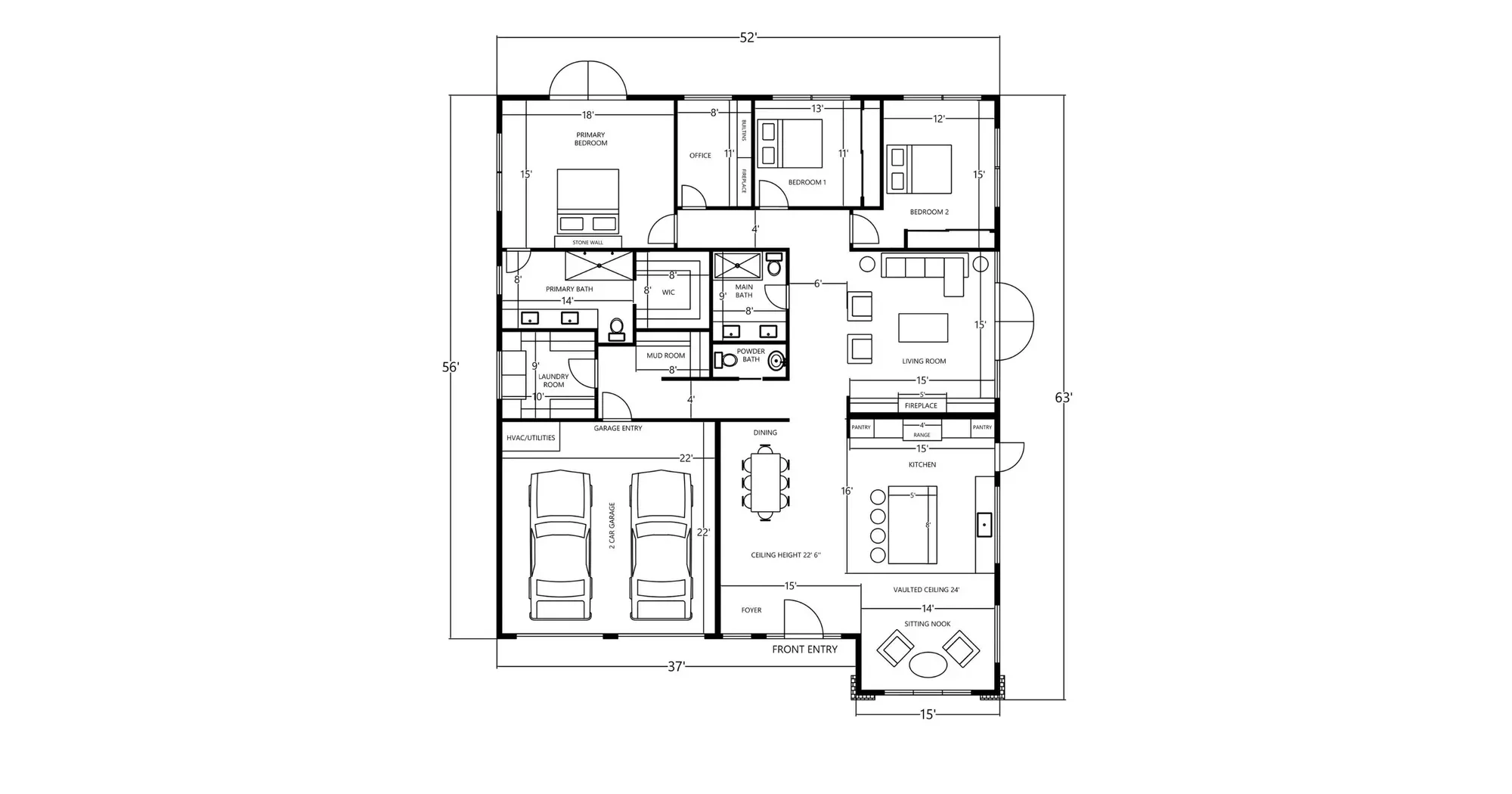 Single-level floor plan with wide hallways, a mudroom, and a two-car garage, laid out for aging in place