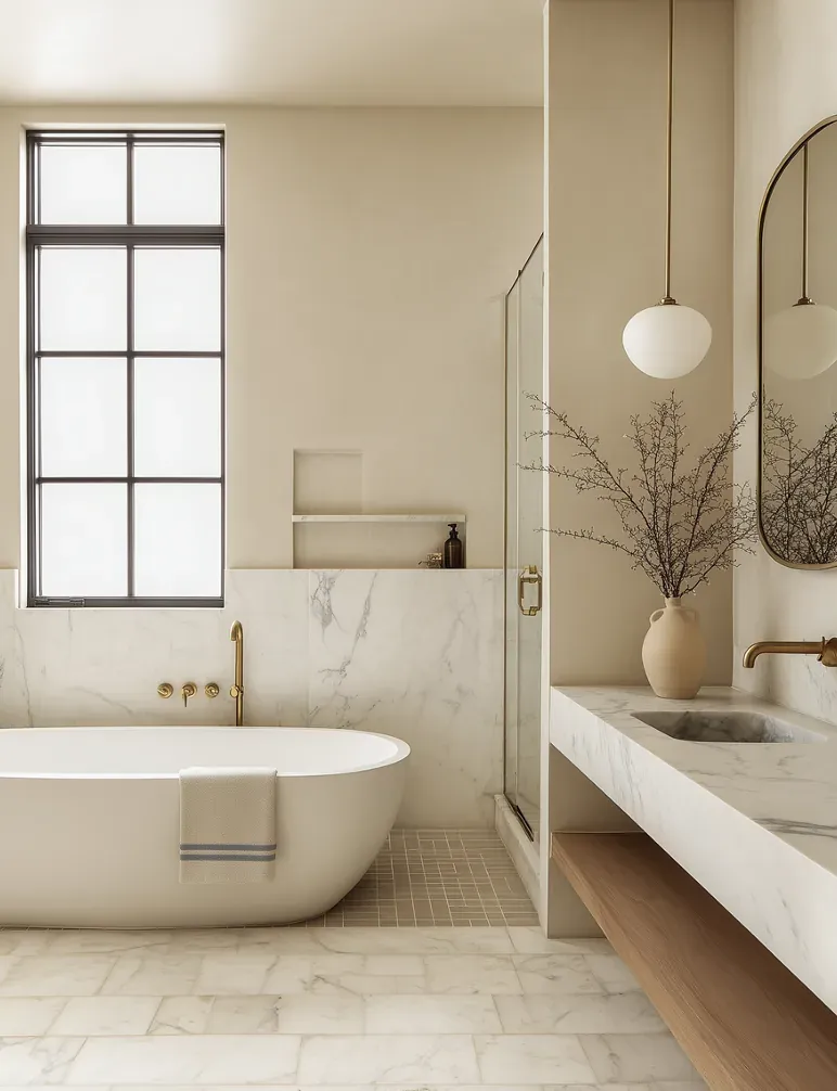 Vessel sink, aged mirror, soft warm plaster walls