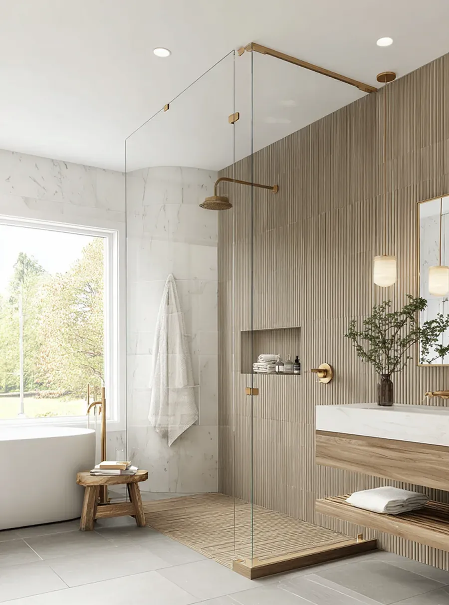 Reeded wood vanity, walk-in shower, unlacquered brass