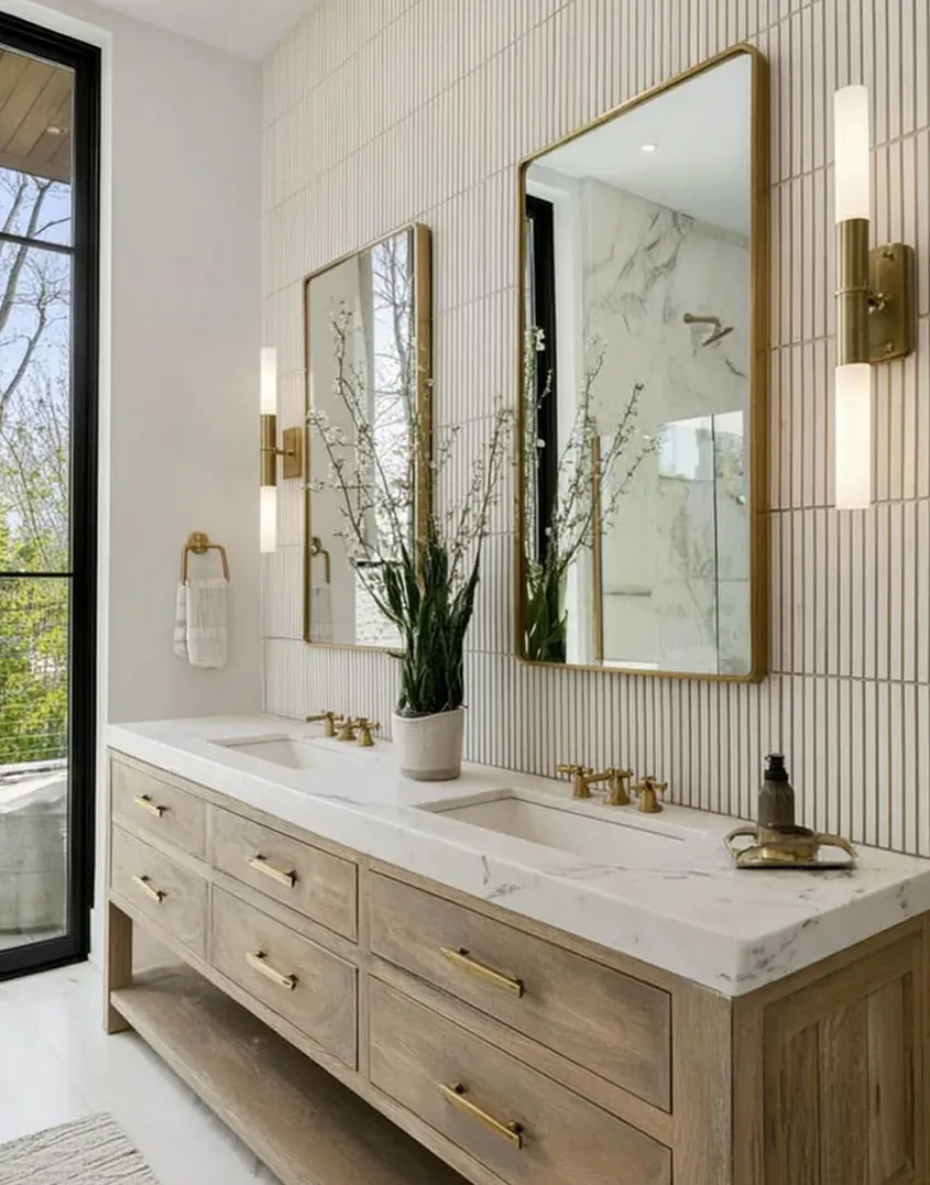 Marble soaking tub, fluted tile, brushed brass fixtures