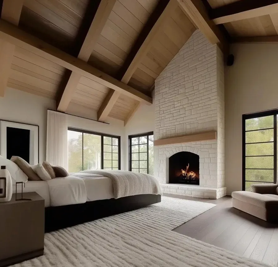 Stone fireplace, wood mantle, linen bedding, soft light