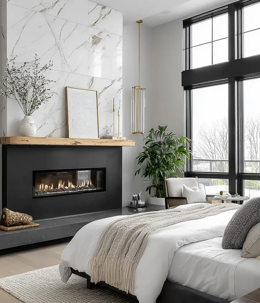 Dark fireplace wall, marble accent, crisp white linens