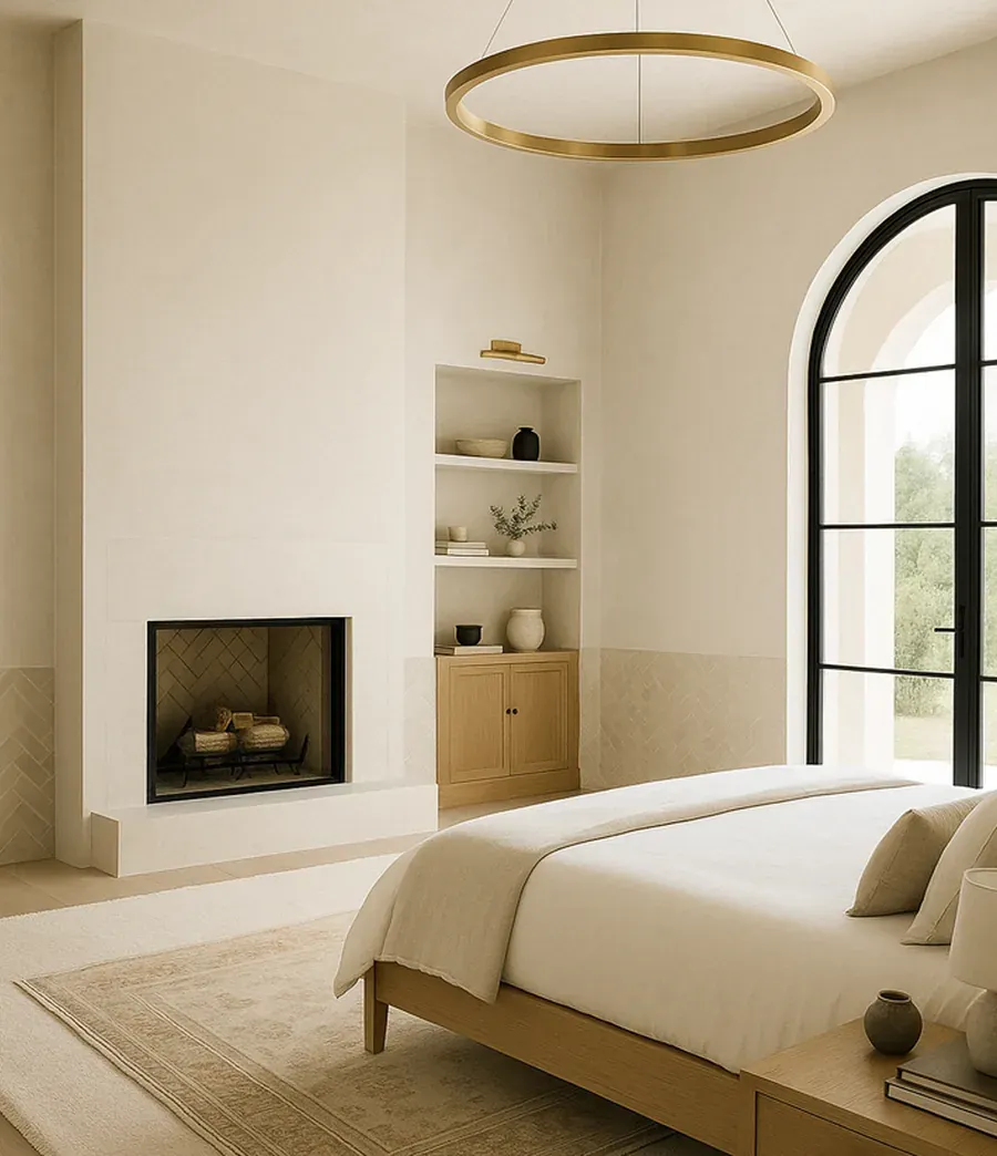 Arched window, brass sconce, layered warm neutrals