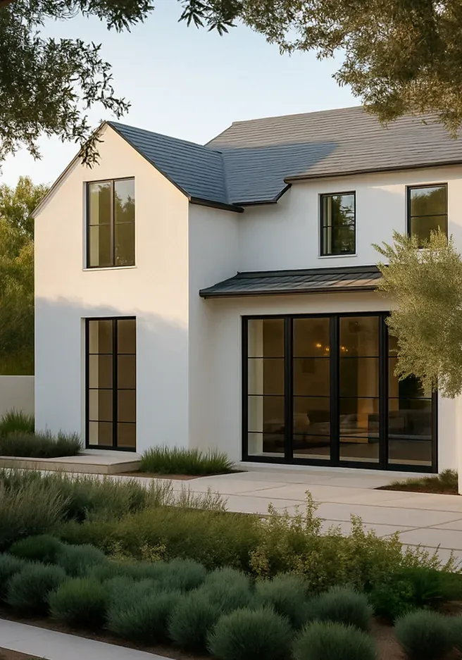 White stucco, dark roofline, arched black-framed windows