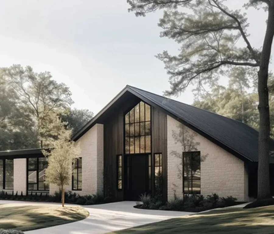 Black-framed gables, warm stone, natural unfussy landscaping