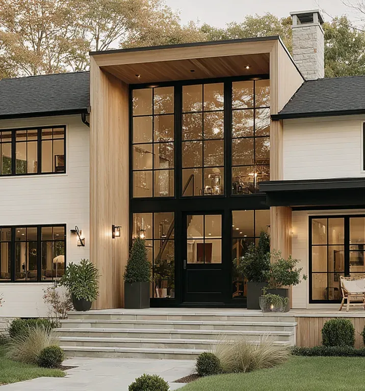 Modern farmhouse lines, wood accents, walls of glass