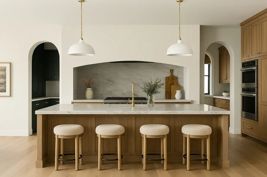 Arched range hood, brass pendants, oak island with stools