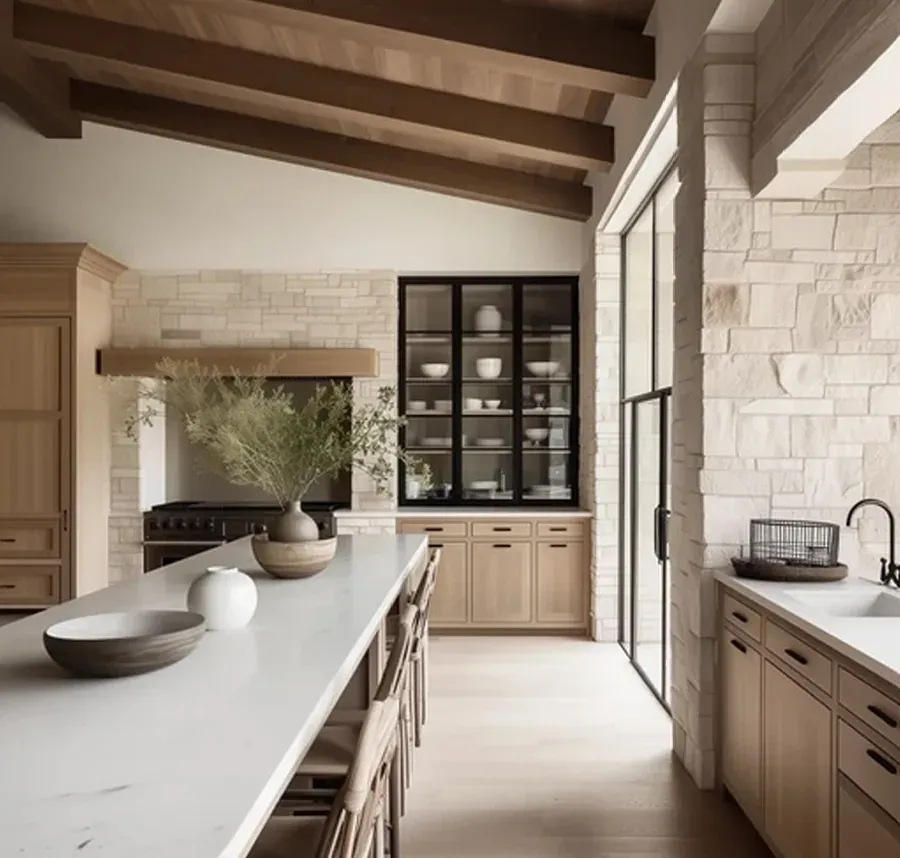 Light oak cabinetry, glass uppers, honed quartzite counters