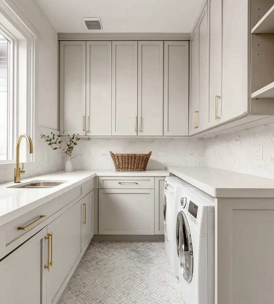 Light shaker cabinets, brass hardware, woven basket storage