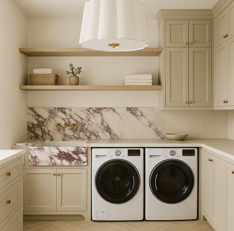 Marble backsplash, fluted pendant, soft warm cabinetry