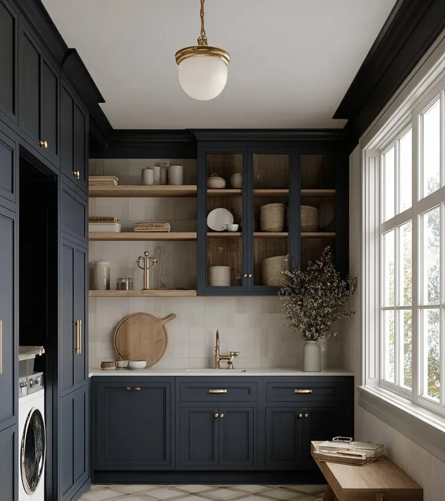 Navy cabinetry, open shelving, brass fixtures, natural light