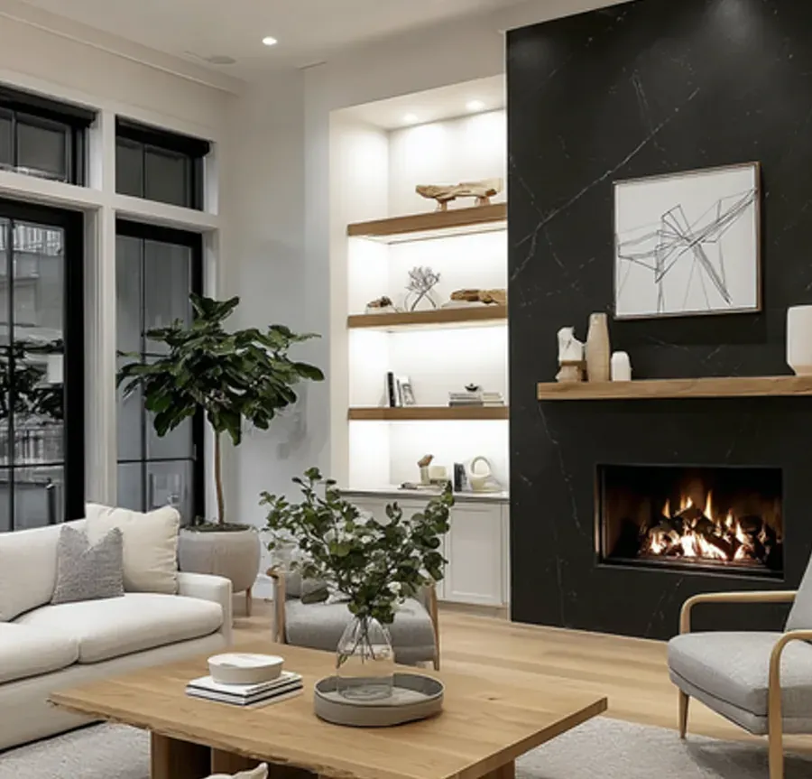 Moody accent wall, linear fireplace, clean modern lines