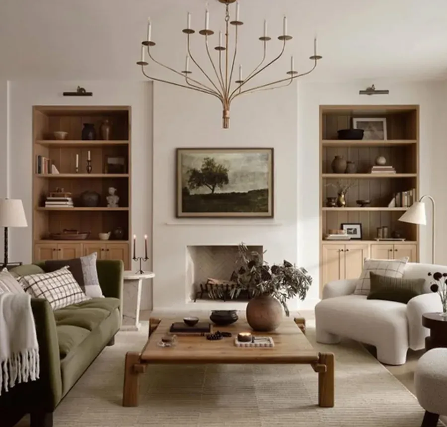 Brass chandelier, gallery wall, warm collected furnishings