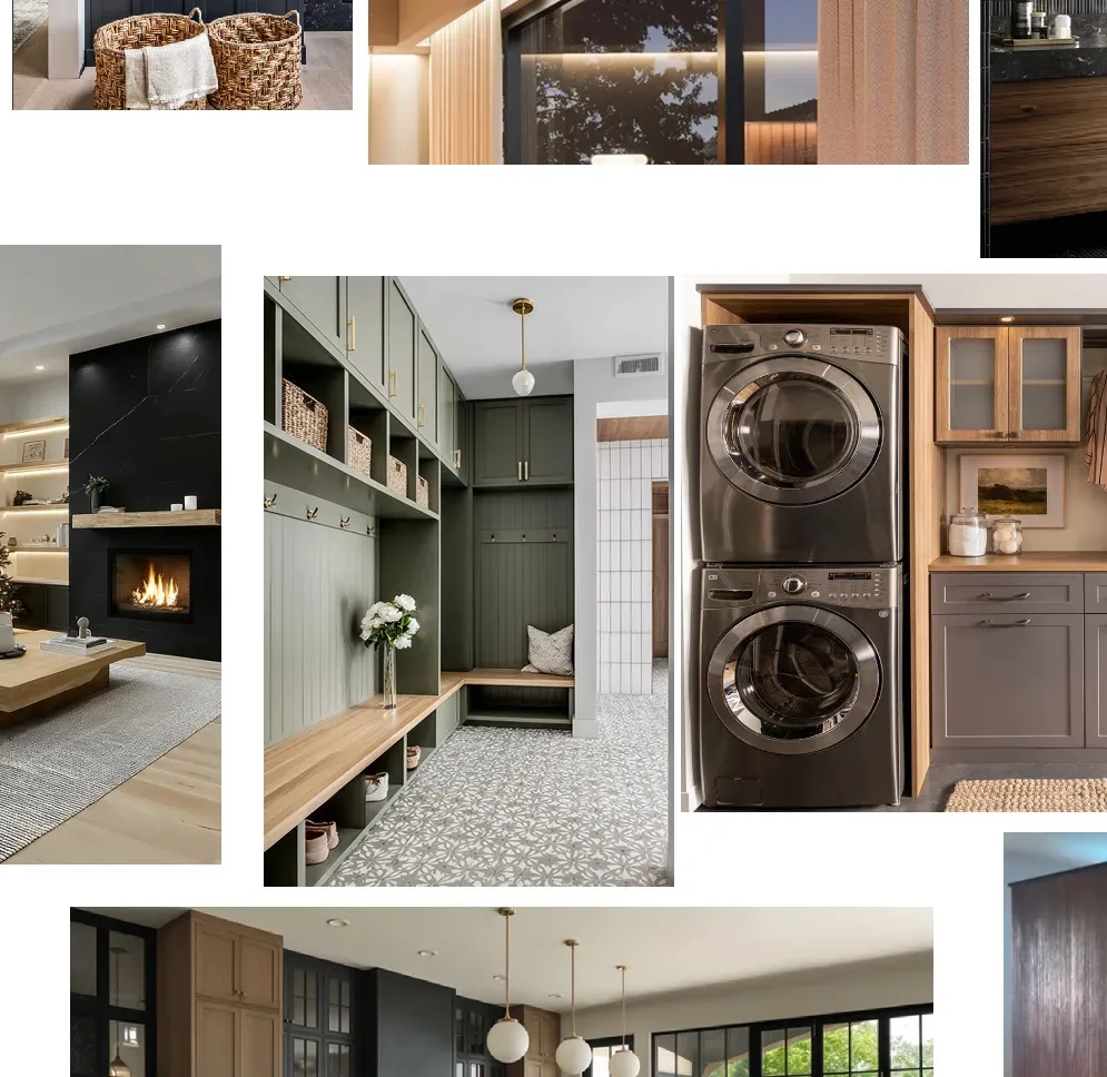 Interior design mood board with warm materials, organic textures, and elevated finishes