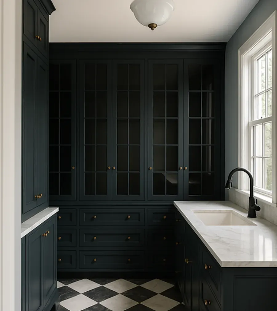 Dark glass-front cabinetry, brass hardware, checkered floor