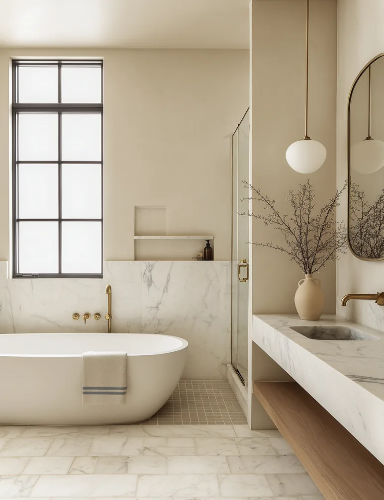 Vessel sink, aged mirror, soft warm plaster walls