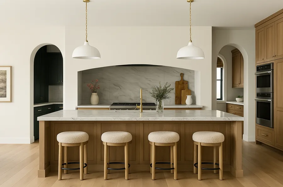 Arched range hood, brass pendants, oak island with stools