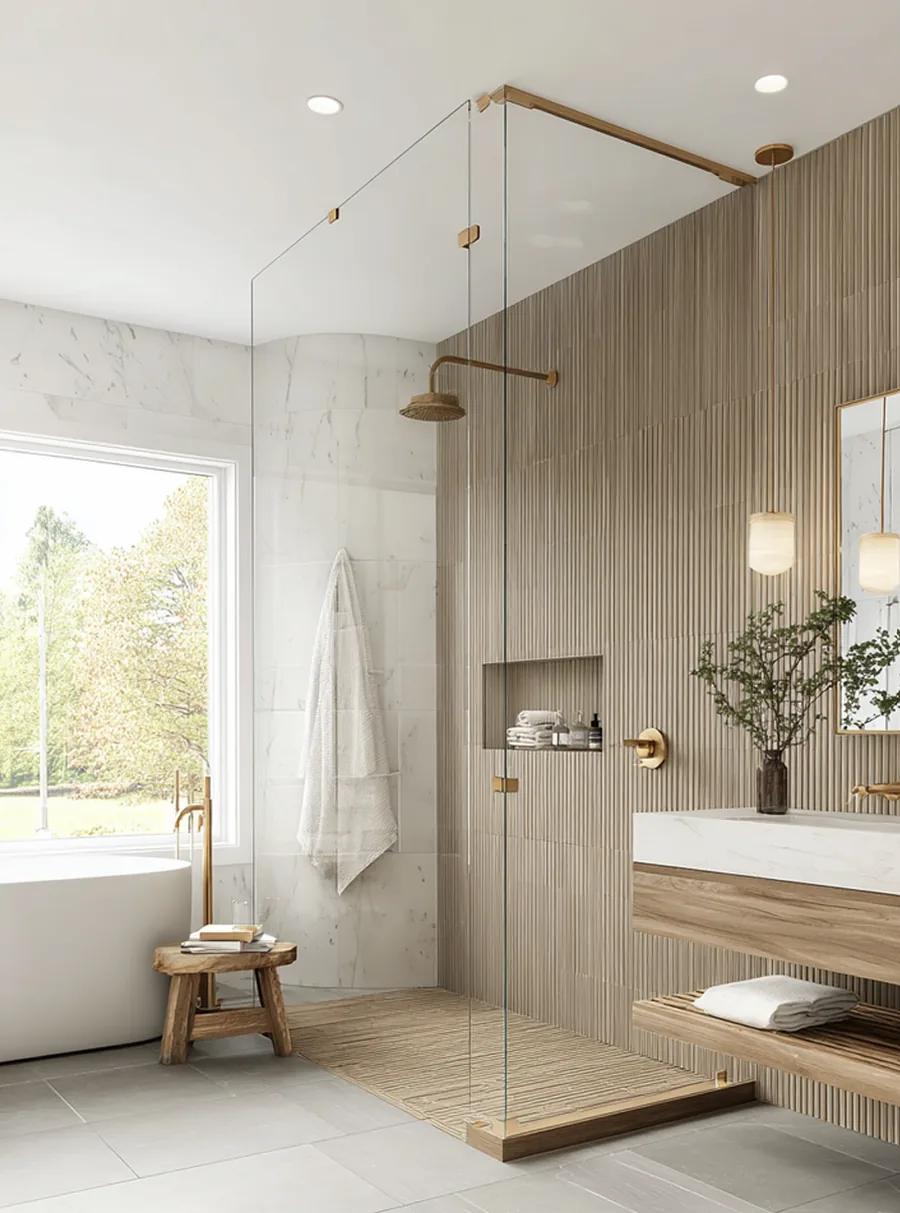 Reeded wood vanity, walk-in shower, unlacquered brass
