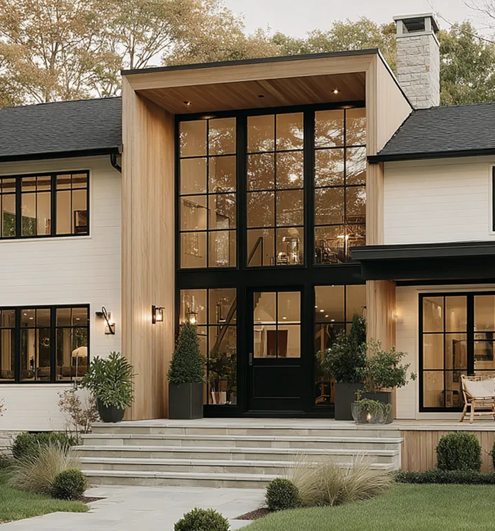 Modern farmhouse lines, wood accents, walls of glass