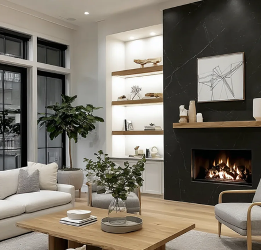 Moody accent wall, linear fireplace, clean modern lines